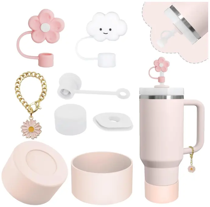 Stanley Cup Accessories Set,Including 2 Pcs 0.4in Straw Cover, 1 Silicone Spill-Proof Stopper Set of 3, 1 Cute Butterfly Handle Charm, 1 Silicone Boot Fits Stanley 40&30 Oz Tumbler (Rose Quartz)