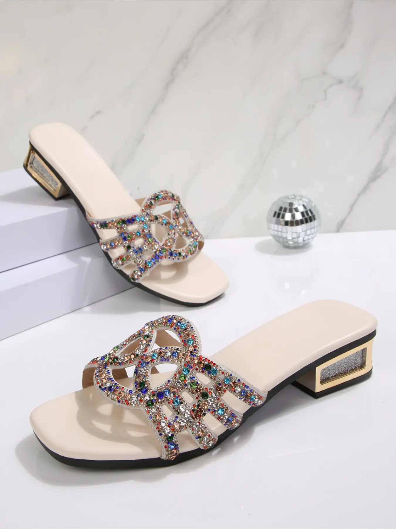 Bling Bling Heeled Slides Women 2026 New Summer Rhinestone Decor Sandals