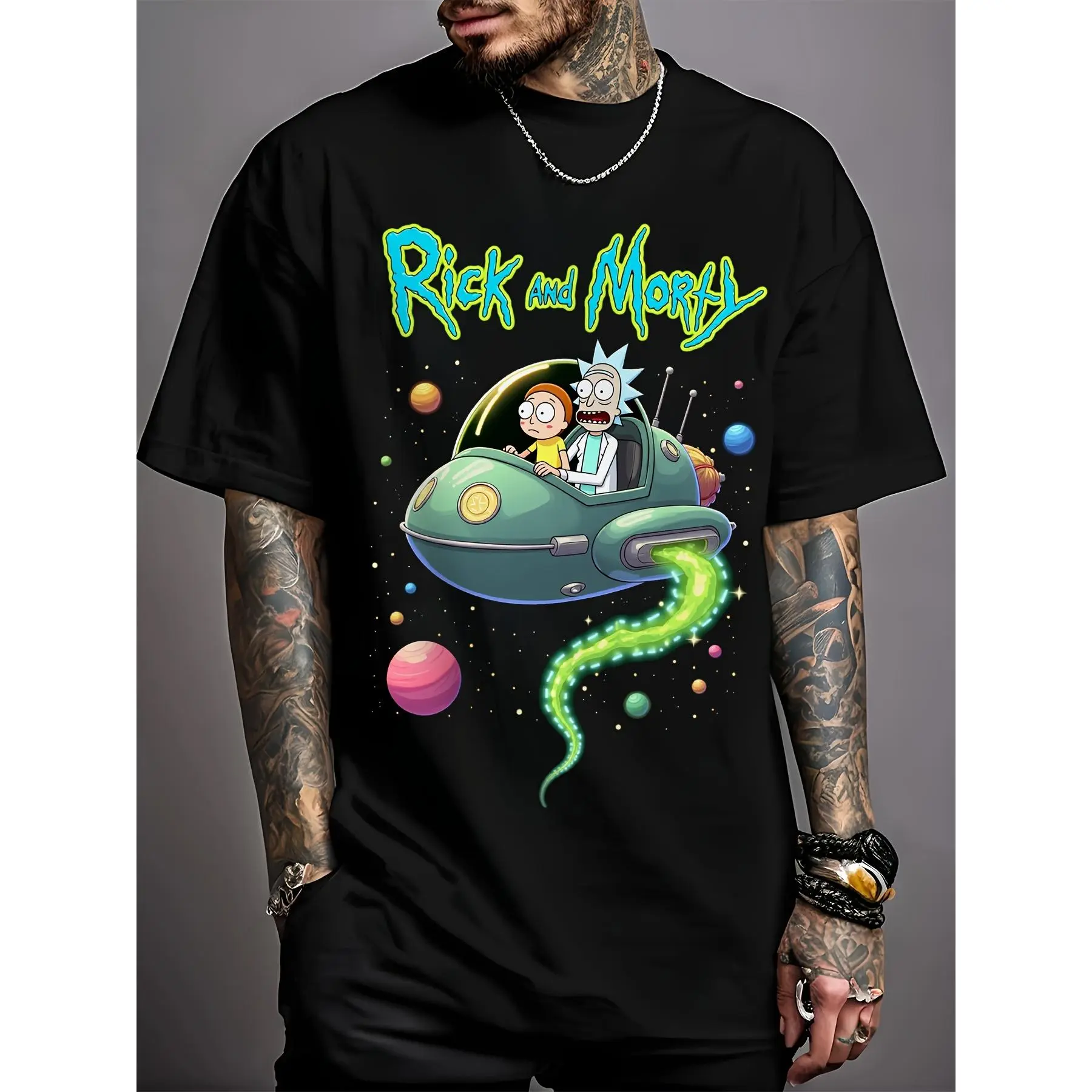 Creative Design Men's & Women's Casual T-shirts Rick and Morty Cartoon Pattern Drop Shoulder Fitted Short Sleeve Crew Neck Pure Cotton Breathable Comfortable Summer Tops Menswear