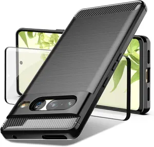 Phone Case for Google Pixel 7 Pro Case, Pixel 7 Pro Case with Tempered Glass Screen Protector, Shock-Absorption Brushed Flexible Soft TPU Carbon Fiber Protective Cover for Google Pixel 7 Pro (LS-Black)