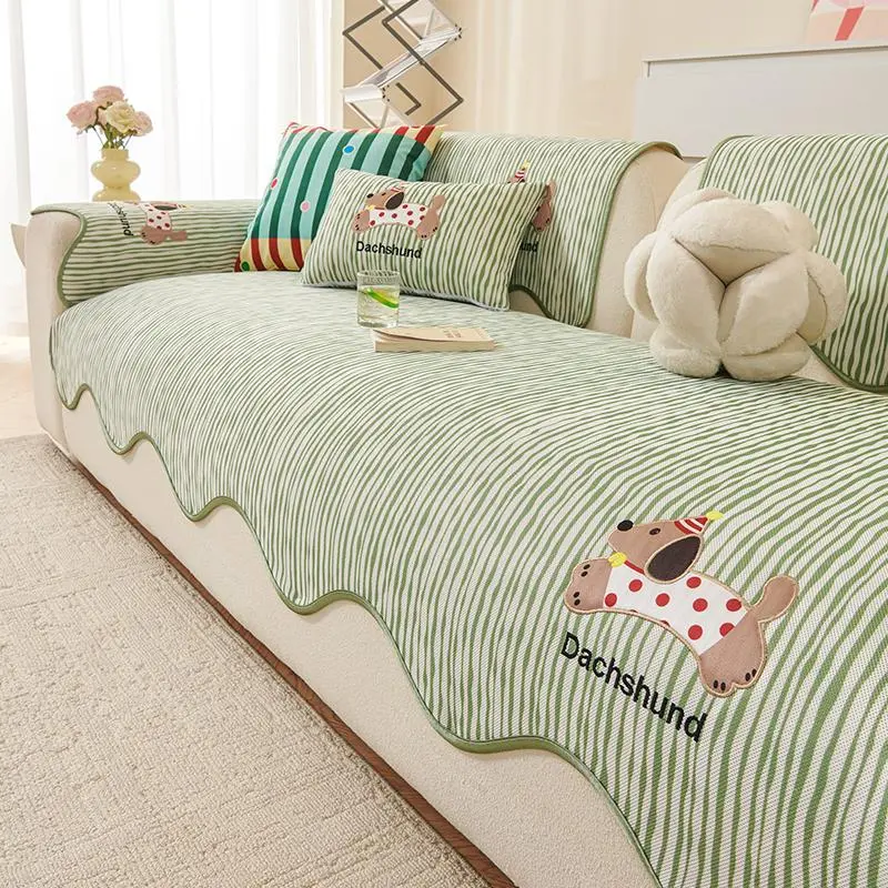 Summer Cool Ice Silk Cartoon Embroidered Sofa Cushion, Single Non-Slip Sofa Cover, Sofa Slipcover, Premium Fabric, Durable Protection, Fits Single to Four Seater Sofas, Slipcovers For Couches And Sofas