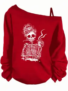 Women's Hooded One-Shoulder Long Sleeve T-Shirt, Campus Girl Style, Casual Fashion, Halloween Pattern, Fitted, All Seasons