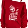 Women's Hooded One-Shoulder Long Sleeve T-Shirt, Casual Hooded Top, Campus Girl Style, Casual Fashion, Halloween Pattern, Fitted, All Seasons