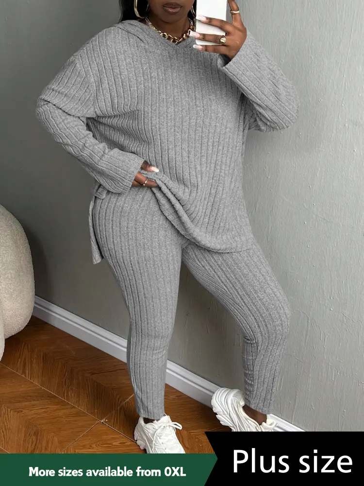 USBOUTIQUECHIC Plus Size Women's Solid Textured Ribbed Hoodie & Elastic Waist Pants Set, Casual Cozy Ribbed Knit Outfits for Fall & Winter, Baggy Matching Suits for Daily Wear