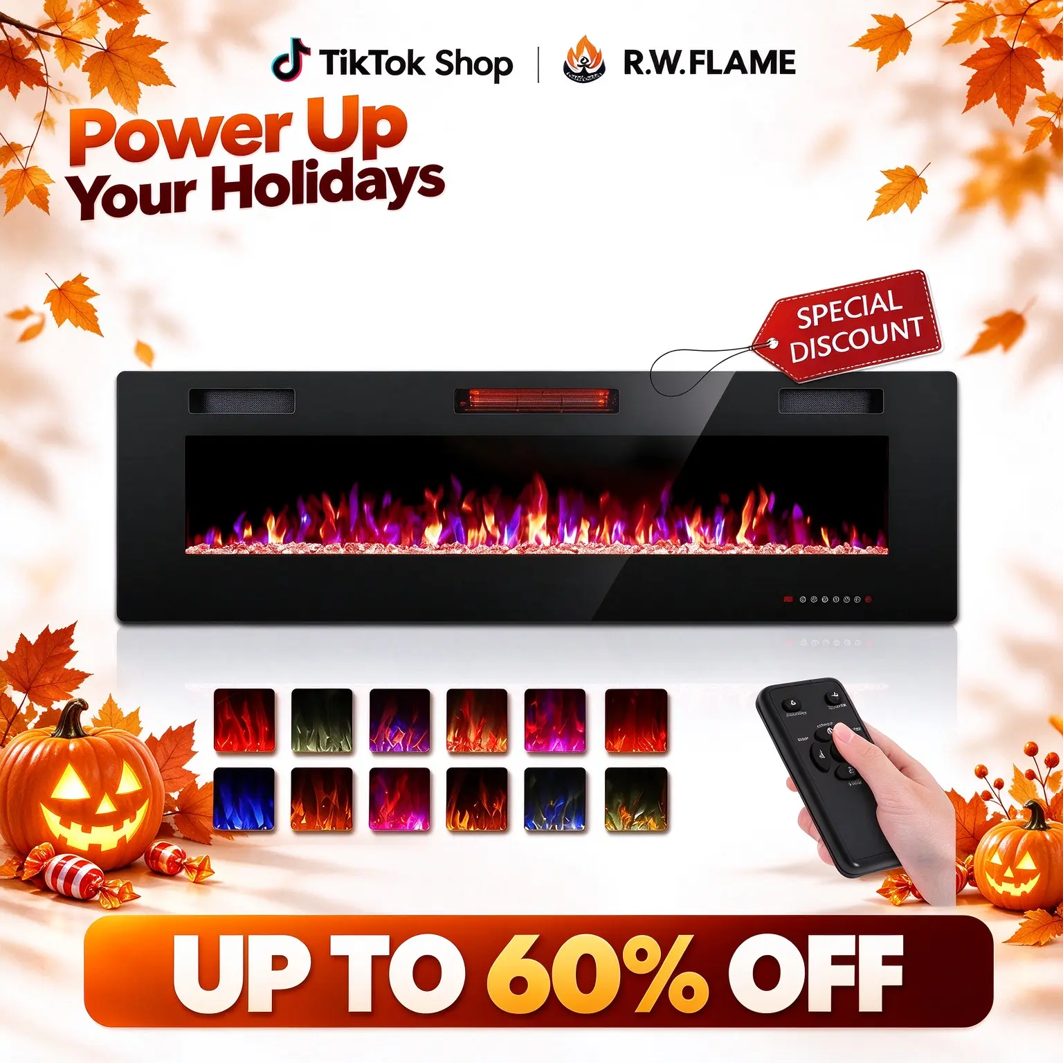 R.W.FLAME 60" Indoor Electric Fireplace - Ultra-Thin Wall-Mounted or Recessed Embedded Unit, 120V 1500W, Touch+Remote Control, Energy-Saving LED Flame, Multiple Colors, 1-8 Hour Timer, Overheat Protection for Home & Office