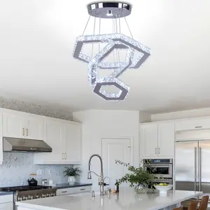 3-Ring Polygon Crystal LED Ceiling Chandelier Dimmable Remote Control Iron Ball Metal Frame Long Crystal Design Indoor Home Hotel Living Room Bedroom Dining Decor Lighting QH-MP013