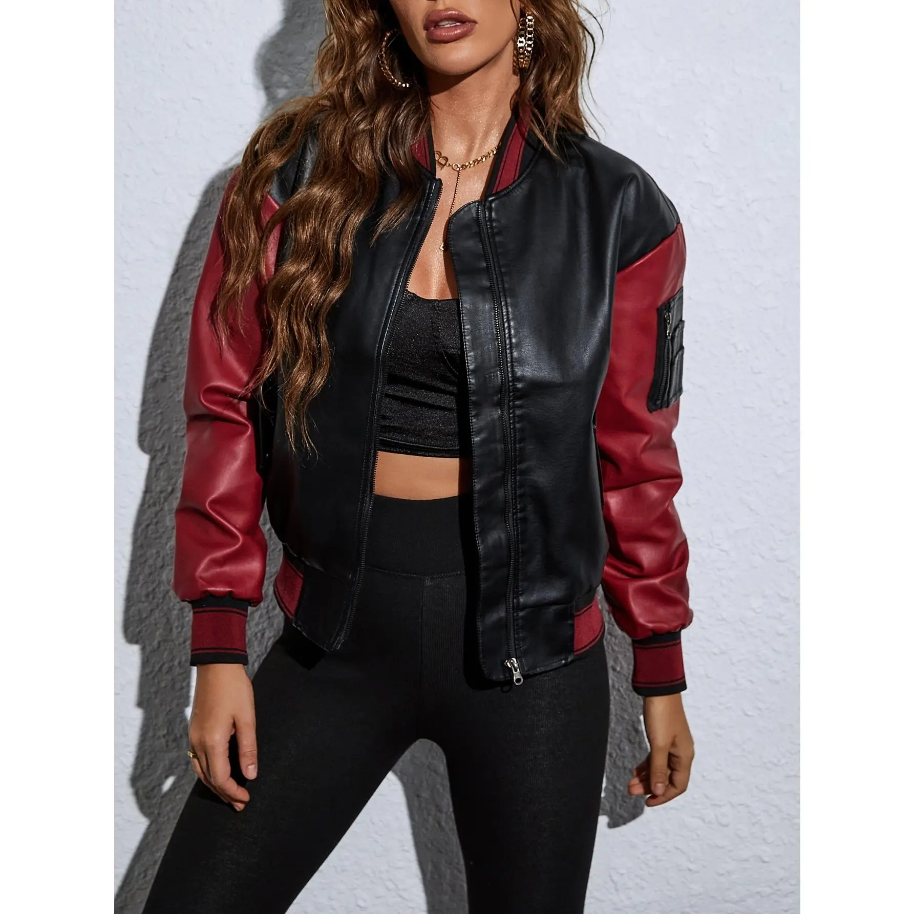 Chic faux leather biker jacket for women-casual zip-up baseball collar, solid color, all-season wear, current stock, motorcycle, baseball jersey, zipper jacket