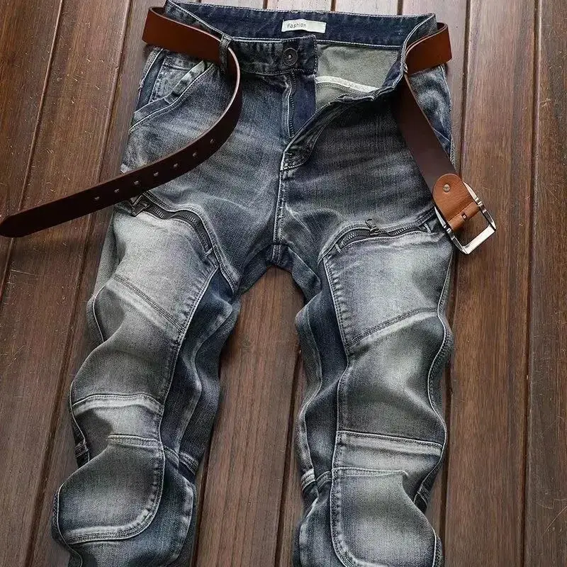 Menswear Streetwear Jeans, Spliced Plain Blue Motorcycle Style, Korean Stretch Denim with Pockets 6608, Blue 6608 Stretch