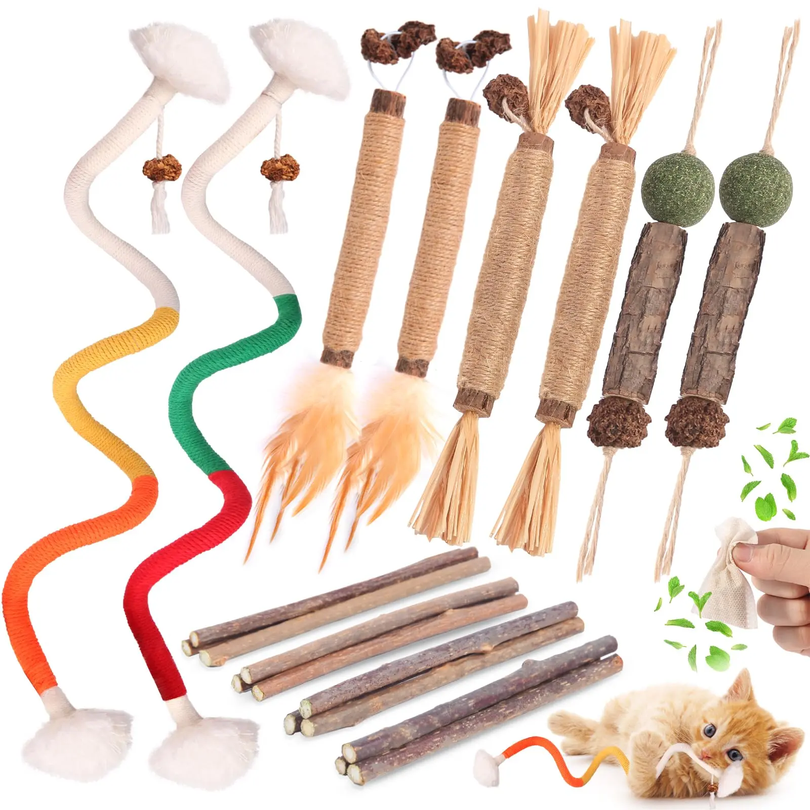 Cat Toys Cat Chew Toys, Silvervine Sticks Catnip Rope Toys for Cats Teeth Cleaning, Kitten Dental Care, Kitty for Indoor Cats Increase Appetite,Enhances Oral & Dental Health (21 Pack)
