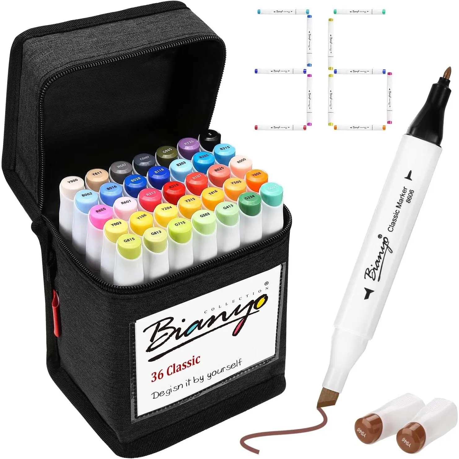 Bianyo 36 Dual-Tip Alcohol Color Marker Set - Bulk, Durable Office Stationery with Smooth & Fluent Strokes, Easy Blending, No Streaks, Chisel Tip Markers & Highlighters, Zipper Case, Cute Student Supplies