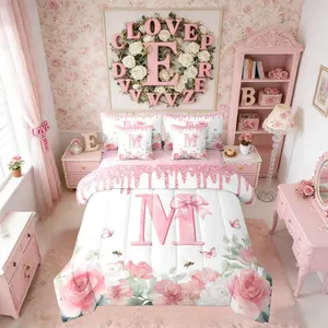 Feelyou 7-Piece Monogrammed Initial Letter M Queen Size Comforter Set - Reversible Princess Bedding Set with Sheets, Rose Flower & Bowknot Alphabet Design for Kids, Comforter Queen Size