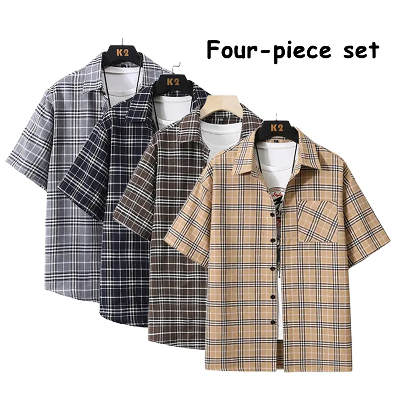 4-Pack Men’s Short Sleeve Plaid Shirts with Lapels, Button-Down, Casual Loose Fit – Summer Everyday Going‑Out Shirts for Guys