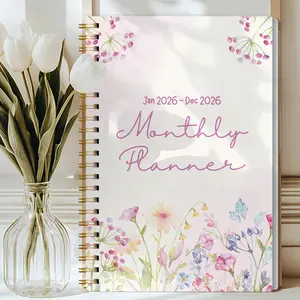 1pc 2026 A5 Monthly Budget Planner Notebook, Spiral Bound Planner, Minimal Aesthetic Floral Cover, Time Management, Productivity, Cute Agenda Book with Notes, To Do List, School Study Supplies, Office Organization Must Have, Great Gift