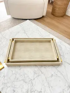 Beige Leather Decorative Tray with Gold Handle (Set of 2)