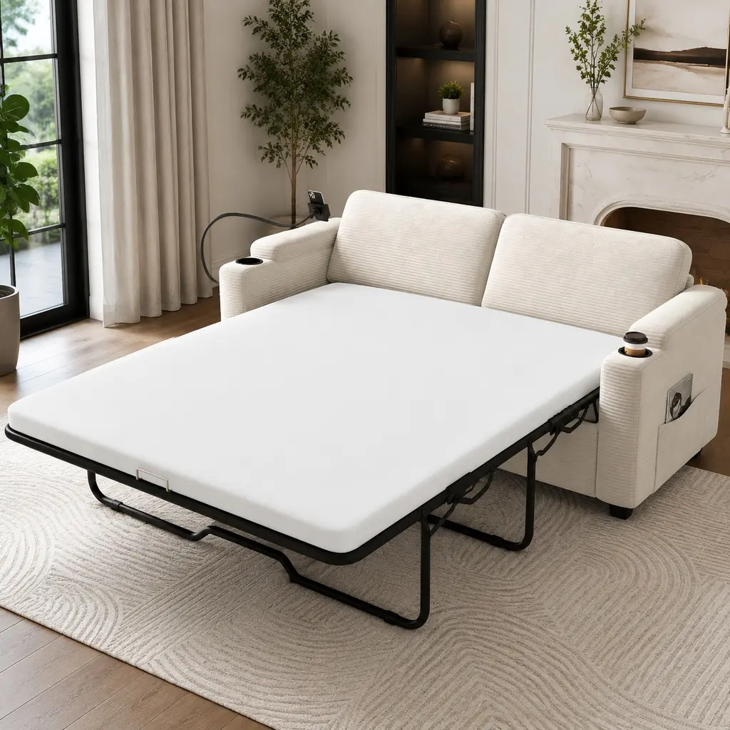 72.8" Corduroy Sleeper Sofa Loveseat with Full Size Mattress, USB Ports, Cup Holders, Side Pockets, Phone Holder for Living Room, Beige Convertible Sofa Bed with Cushion Back, Foam Filled, Beige Color Options, Corduroy Material