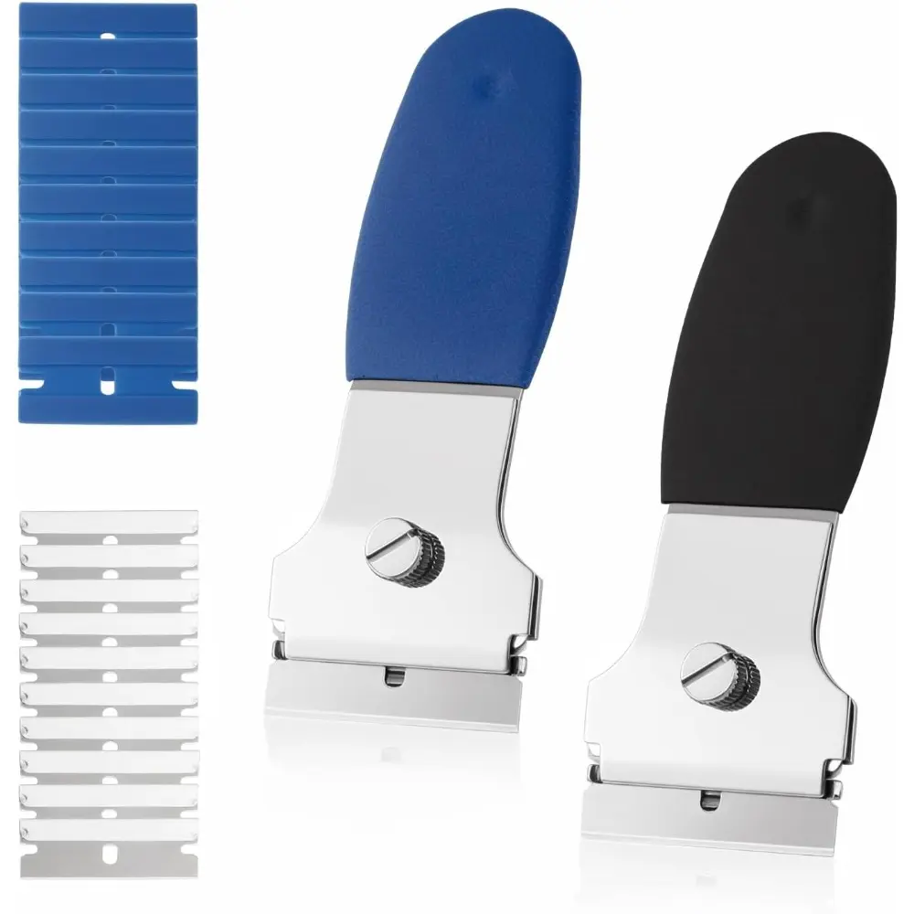 2-Pack Compact Multi-Purpose Razor Blade Scraper, Convenient to Carry, with 20 Replacement Blades (10 Metal, 10 Plastic) for Adhesive Removal, Caulk Removal, Home Care Squeegee Tool, Cleaning Tasks