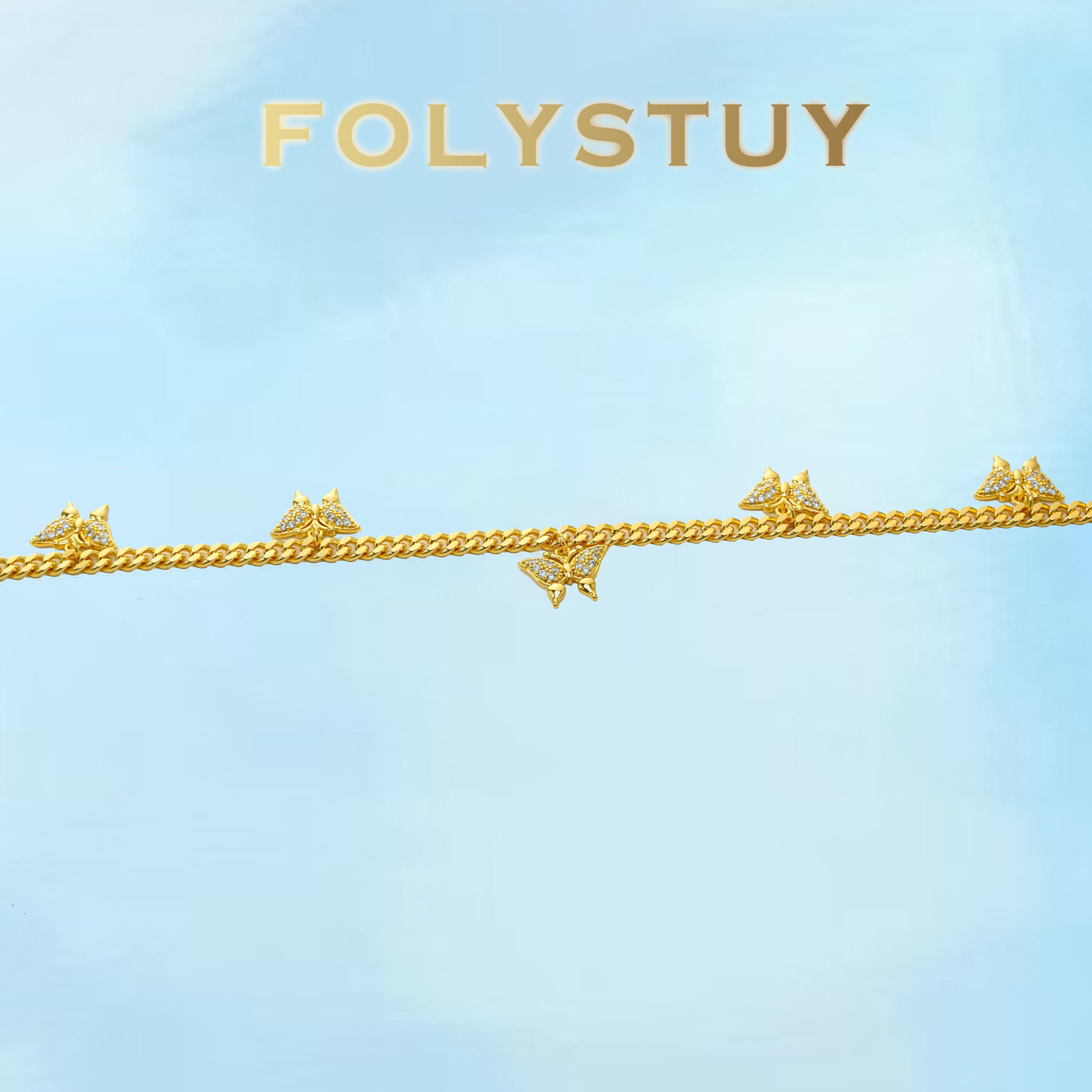 [FOLYSTUY (Y137)]Sparkly Butterfly Cuban Chain Necklace, 0.20" Width 19.6" Length Trendy Fashion Jewelry