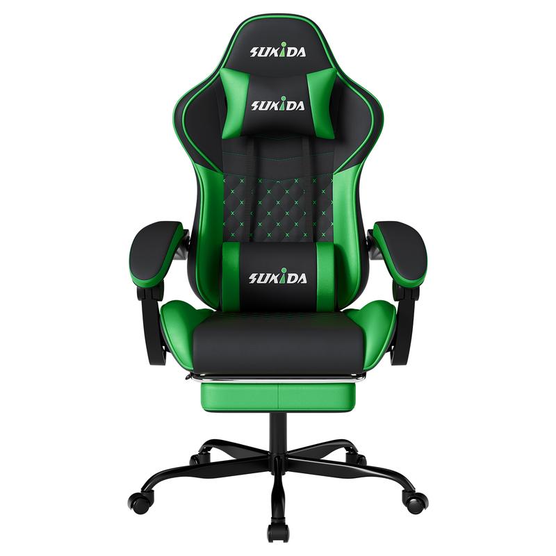 SUIKDA Ergonomic Gaming Chair with 360° Swivel and Footrest PU Leather Office Chair Features Memory Foam Headrest and Lumbar Support to Relieve Back Pain