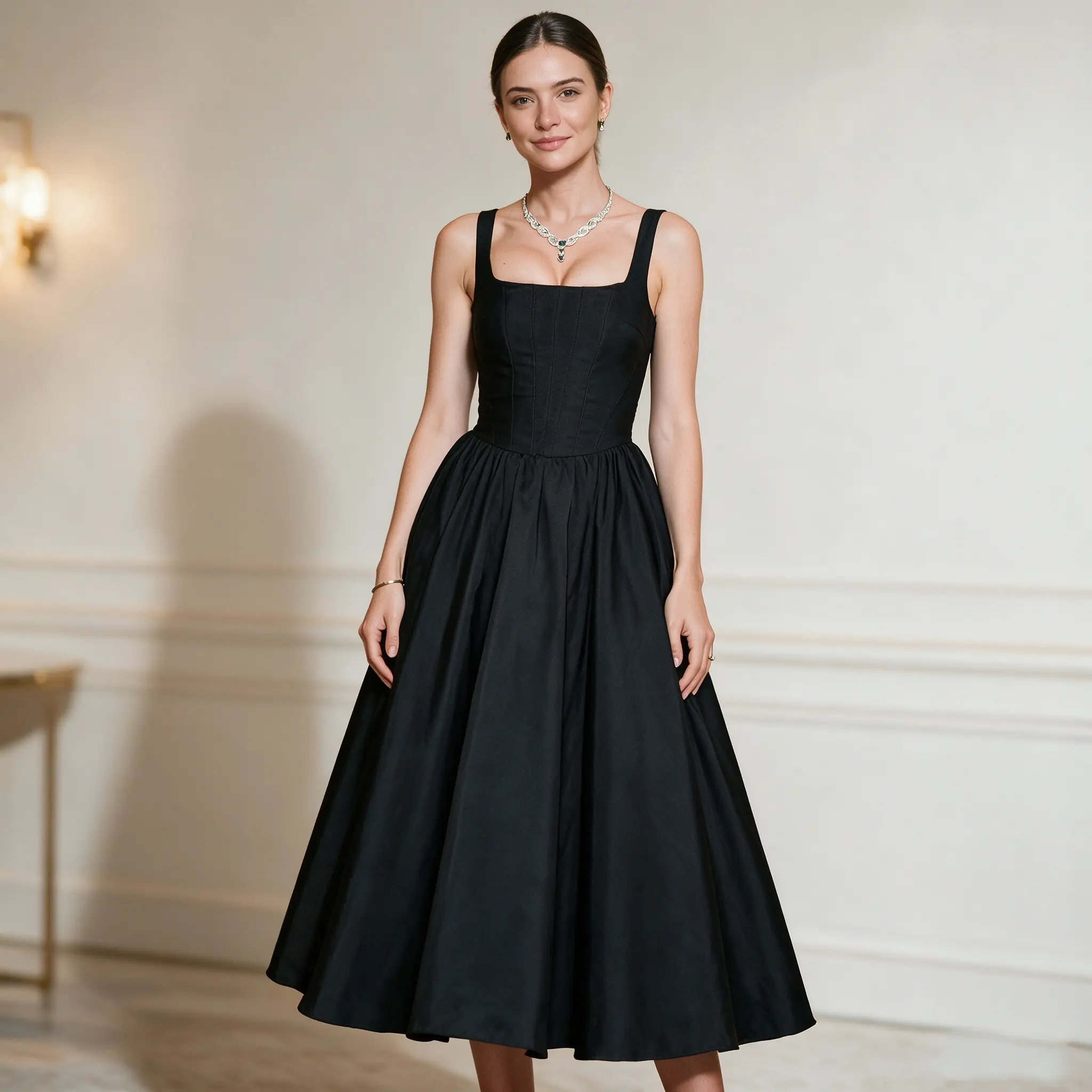 Women's 2026 Summer New Square Neck Corset Midi Dress, Elegant Pleated Waist Flare Formal Party Dress, Black Guest Attire