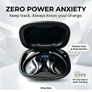FLUFFDRIP Fits03 Open-Ear Earbuds Wireless - Painless Comfort Bluetooth Headphones with LED Display, Secure Fit Sports Earphones for Workout, Balanced Sound tiktokshopspringglowup Charging Classic Deep Black