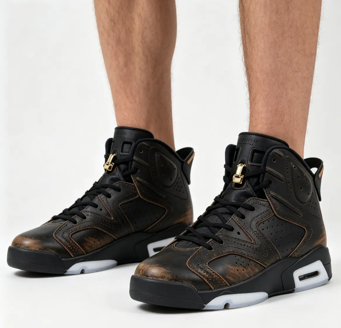 Vintage Faded Brown Black Gradient Leather High Top Basketball Shoes, Metal Lock Accent Translucent Air Cushion Midsole, Retro Workwear Style Slip-resistant Street Casual Athletic Sneakers For Men