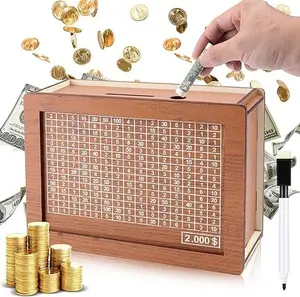 Wooden Money Box Money Bank, Countdown Money Saving Box with 2000 Dollars Target, Money Box with Money Target and Numbers to Check for Boys Girls (2000 USD)