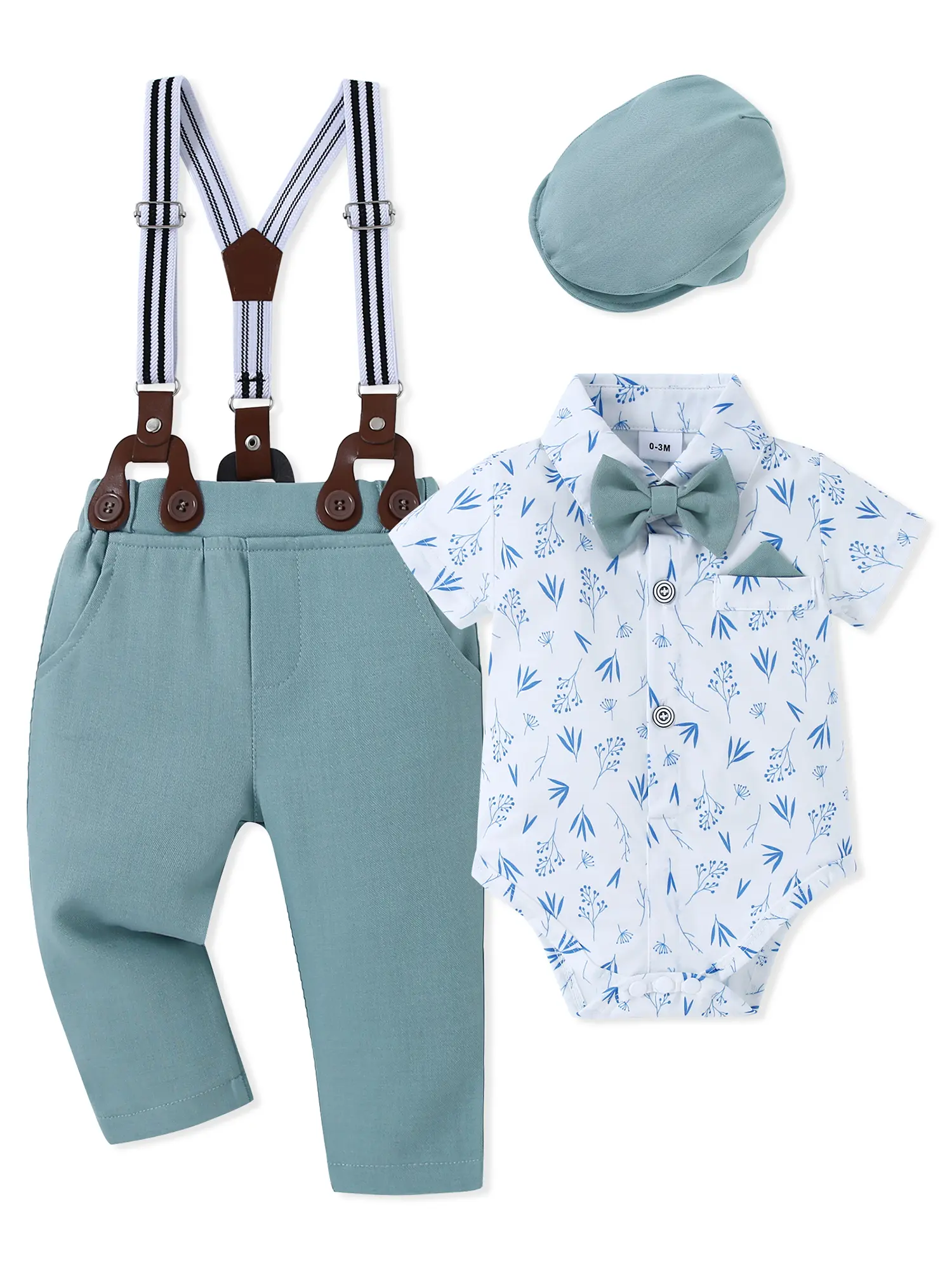 Baby Boy Gentleman 4-Piece Baptism Set - Formal Cotton Blend Short Sleeve Button Romper, Suspender Pants & Beret Hat for Newborn-24 Months, Easter, Wedding, Newborn Outfits Set, Short Sleeve Tops, Fitted, Formal Outfit Set