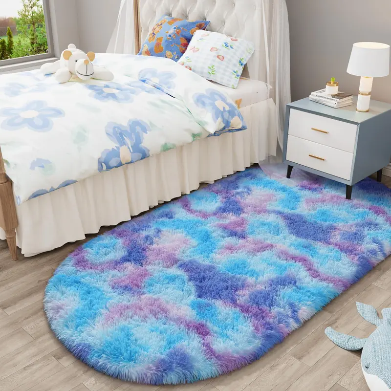 Round/Oval Fluffy Princess Castle Rug , Plush Shaggy Cute Carpet | Rainbow/Pink-Purple/Blue-Purple | Kids Girls Bedroom, Nursery & Baby Room,2x5, 2.6x5.2,5x5, 6x6 Feet