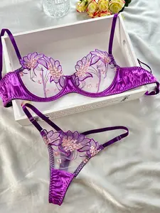 Women's Halloween Lace Bodysuit Lingerie - Purple Transparent, Embroidered Floral Patch, V-Neck, Contrast Lace, Soft Lightweight Sexy Bridal Underwear