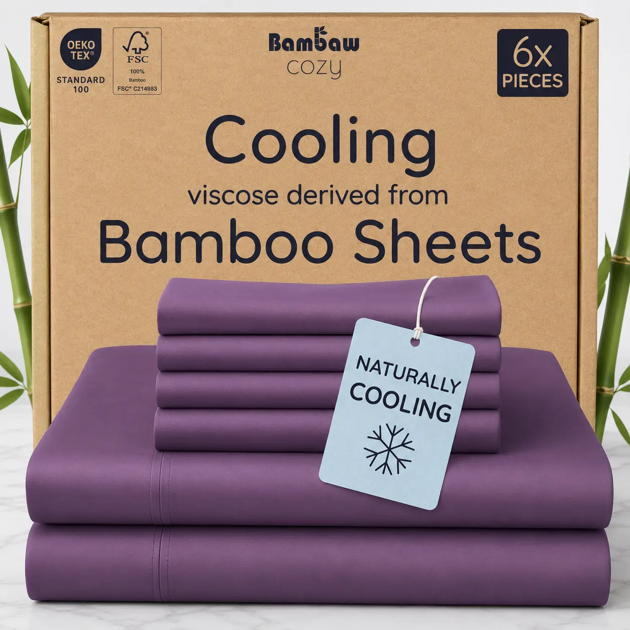 Jollyvogue 6pcs Cooling Bamboo Sheet Set - Queen Size 2000TC Hotel Luxury Soft, 16-in Deep Pocket Fitted, Pillowcases, Plain Weave, Cooling Effect, Breathable for Night Sweats, All-Season (Full/King Options)