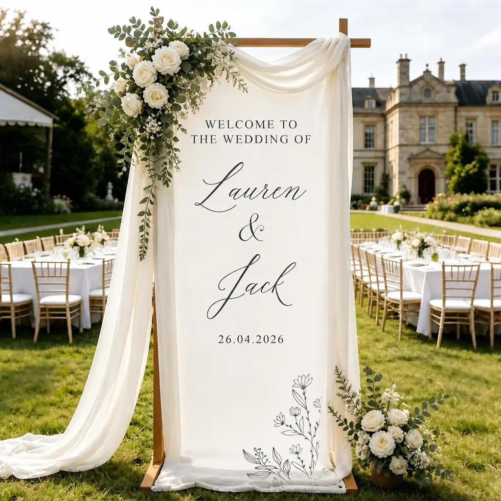 Personalized Linen Wedding Welcome Sign, Fabric Wedding Sign, Engagement Party Sign, Wedding Signage Canvas, Floral Wedding Sign,Custom Sign