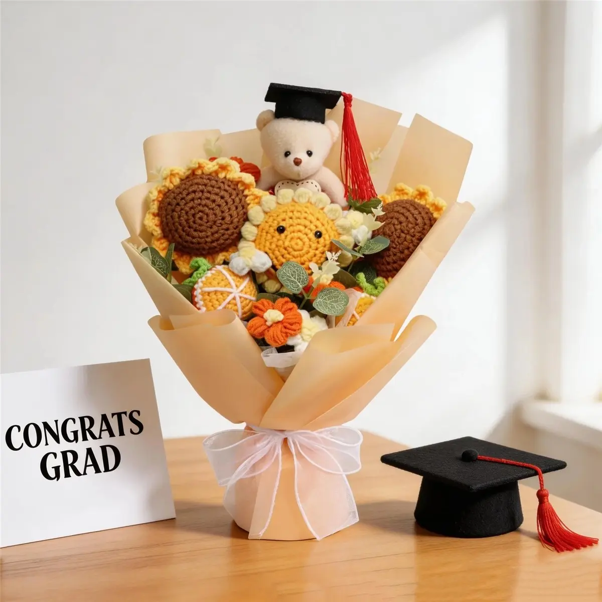 1PC Graduation Gift for Her, Crochet Flower Bouquet with Sunflowers & Cute Bear& Cute Boy& Girl, Perfect Graduation Keepsake for Daughter, Graduation Party Decor, Valentine's Day, Christmas, Thanksgiving, Teacher's Day