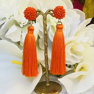 Denver Tassel Post Earrings - Colorful Orange Dangling Tassels