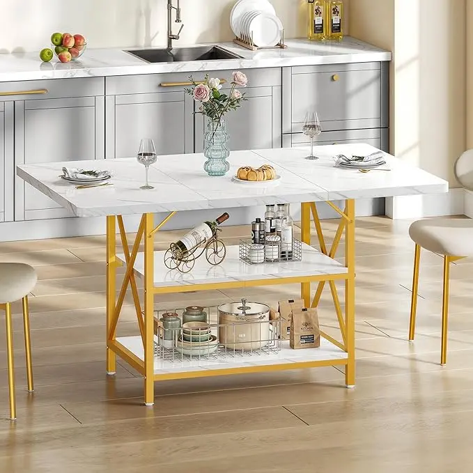 DWVO Dining Room Table 47 Inch Rectangle Dining Table for 4 People Modern Kitchen Table White Marble Dinner Table with Storage Shelf and Glod Metal Legs for Home Apartment