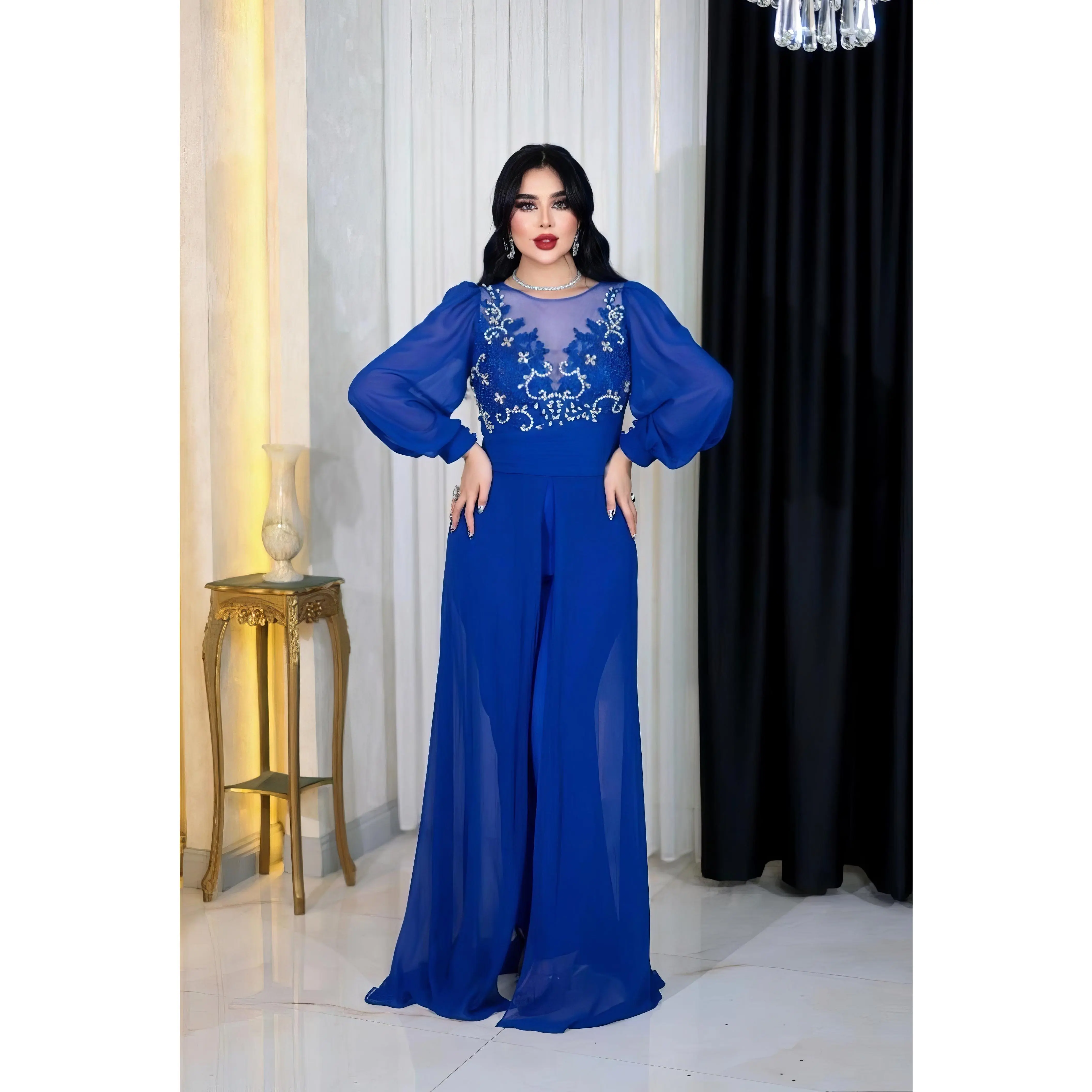 Embellished Wide-Leg Jumpsuit with Sheer Balloon Sleeves- Couture
