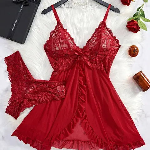 Women's 2-Piece Lacy Sleepwear Set - Frilled Ruffle Trim Cami Nightgown, Bow Decor Panty, Floral See-Through Feminine Lingerie for Wedding Night, Romantic Gift for Girlfriend, Girly Feminine Items, Two Piece Set