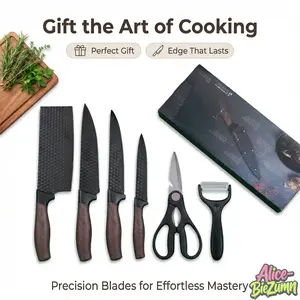 Professional 6-piece cooking utensil set, practical knife peeler and scissors high carbon stainless steel super sharp with anti-stick ergonomic wooden handle, chef's knife set, suitable for family travel vegetable, meat, fruit gift box