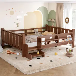 Full Size Sturdy Solid Wood Ground Level Bed Frame - Dual Function Furniture for Bedroom with Storage Bookcases, Cute Stairs, Guardrails, No Box Spring Needed