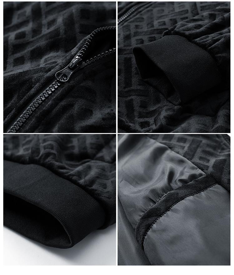 Men’s luxurious allover geometric-patterned black velvet baseball jacket featuring a relaxed drop-fit silhouette and a full zip closure, ribbed cuffs and hem, a premium dark-tone streetwear piece suitable for men’s everyday urban wear.