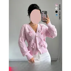 Women's Plain Bow Front Raglan Sleeve Sweater Cardigan, Casual Longsleeves Button Front Knitwear for Fall & Winter, Fashion Women's Knit Clothing for Daily Wear Valentine's Day, gift