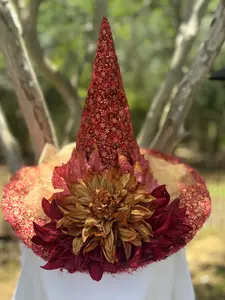 Crimson Emberveil Witch Hat | Handmade Red & Gold Fall Floral – Moonspell Hollow™