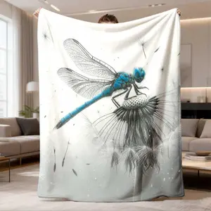 Bohemian Flannel Knit Blanket All Season Indoor Outdoor Use Gray Blue with Dragonfly Dandelion Print Machine Washable for Bed Sofa Yard Comfortable Modern Bedding