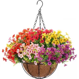 20 Pcs/1 Set Spring Artificial Flowers with Hanging Baskets Violet with Eucalyptus Leaves Hanging Planter with Outdoor Spring Flowers for Porch Garden Home Patio Yard Decor (Multicolor)