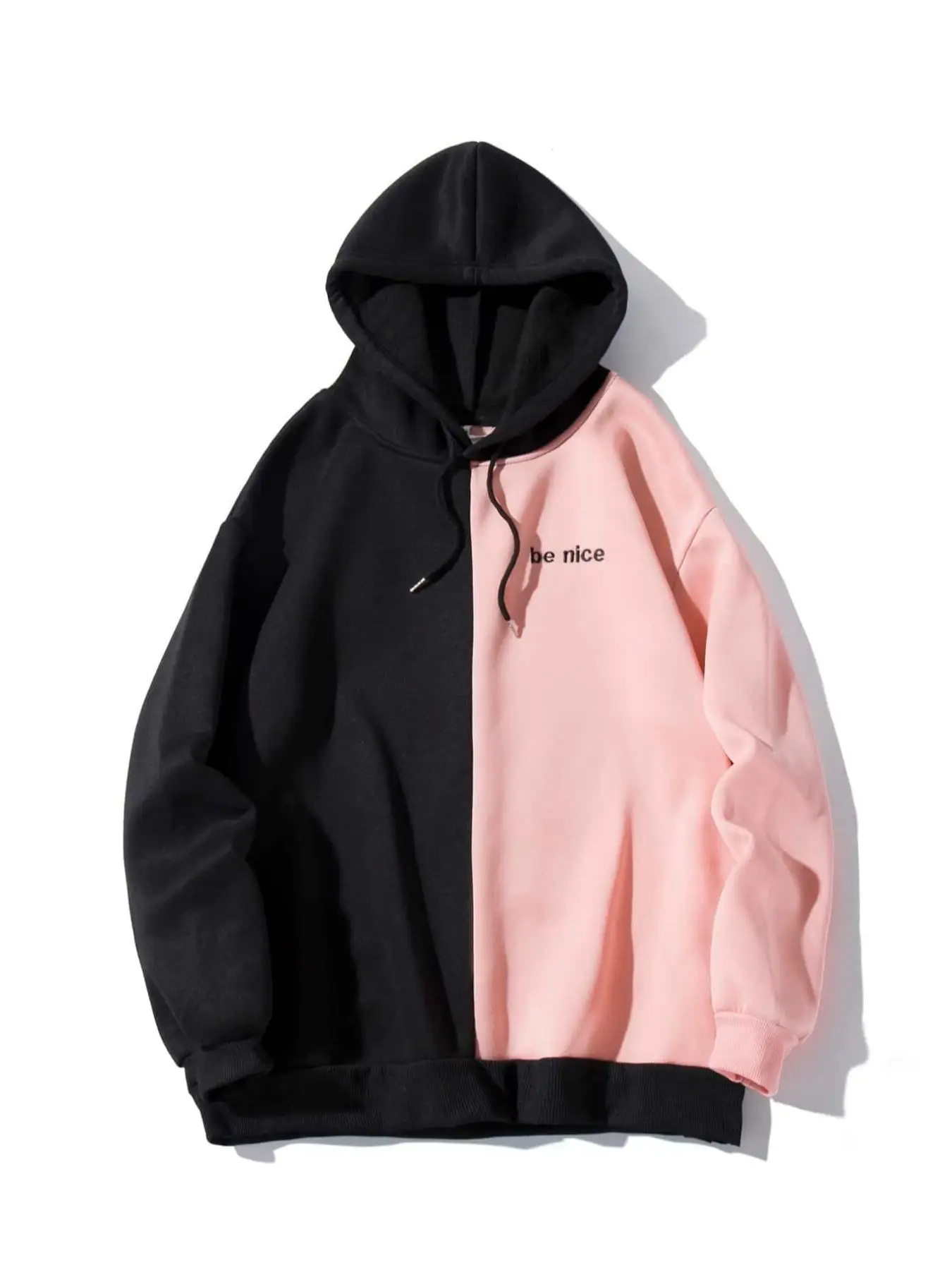 Men's Colorblock & "be nice" Print Drawstring Hoodie, Regular Fit Casual Hooded Sweatshirt, Streetwear, Going Out Outfit, Men's Clothes for Fall & Win