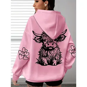 Women's Oversized Cozy Hoodie with Highland Cow Print & Paw Heart Design - Soft Long Sleeve Pullover, Brown Polyester Casual Wear for Everyday Comfort