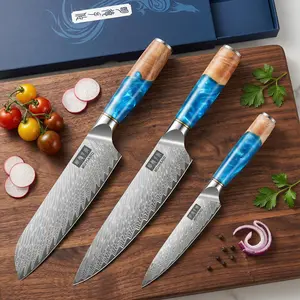 MDHAND Damascus Kitchen Knife Set, Japanese VG10 Super Steel Core Professional Chef Knife Set, Ultra Sharp Professional Chef Knives with Azure Timber Collection Handle, Gifts for Men Women, Best Gift#Summervibes