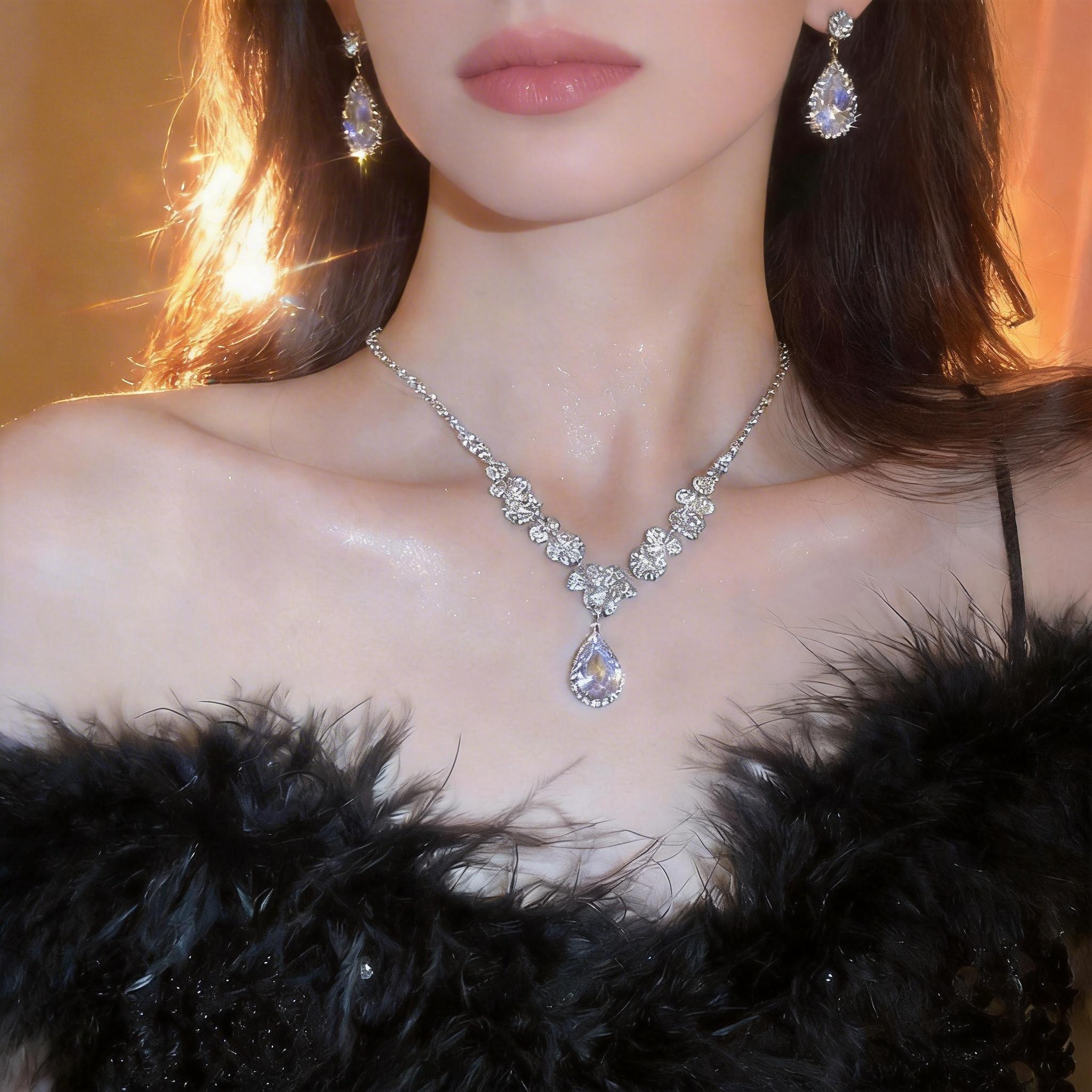 Vintage Hypoallergenic Aurora Necklace Set, 2-Piece Design, a Warm Gift to Remind Her of Your Love Dainty Hypoallergenic Aurora Jewelry Set, CZ Embellished, Perfect for Wedding/Gala, a Thoughtful Gift