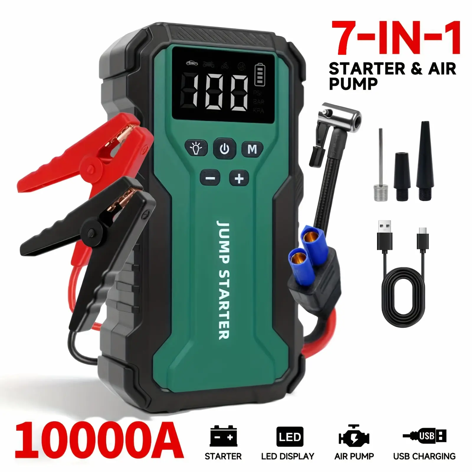 10000A 7-in-1 Multi-functional Car Emergency Start Power Supply with Air Pump, 150PSI Portable Battery Starter, Digital Tire Inflator, LED Light, Suitable for 2.64Gal Gasoline/2.38Gal Diesel Vehicles