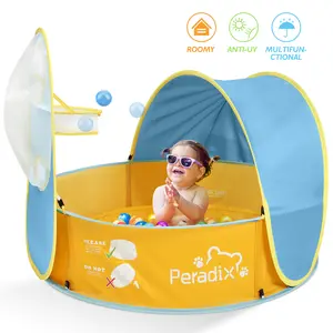 Peradix Paddling Pool for Kids & Pets, Kids Ball Pit Tent 3 in 1, Pop Up Wading Pool Tent with UV Protection Sunshade Canopy Basketball Hoop, Portable Beach Backyard Toys for Indoor Outdoor Activity
