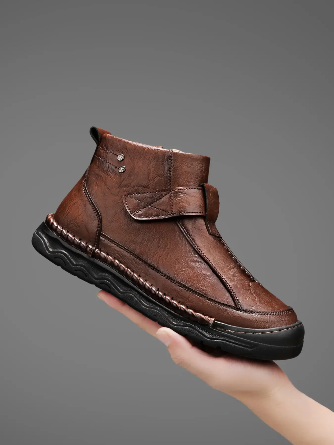 Men's Handmade Mid-High Casual Shoes, Fashion Simple Retro Style, Side Zipper Design, Comfortable Anti-Slip Rubber Sole, Spring & Fall, Brown Leather Boot, Casual Boots, Boots With Zipper